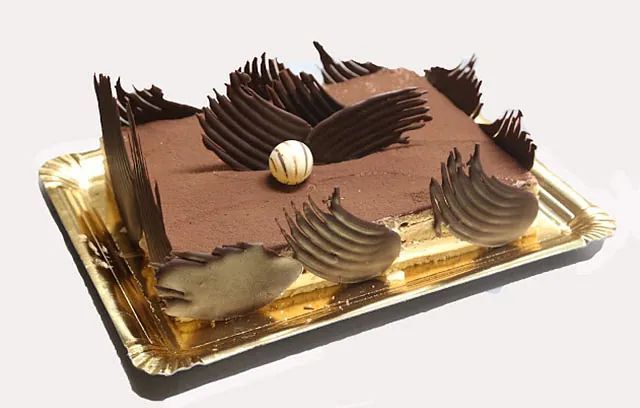 Un pastel de chocolate reposa sobre una bandeja de oro.