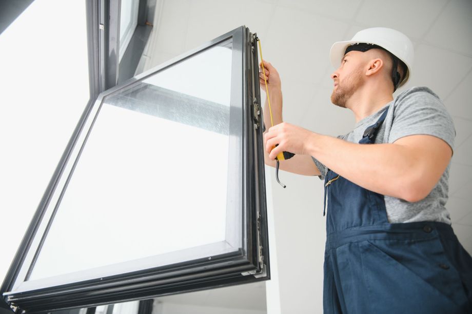 Un ouvrier avec un casque mesure la hauteur d'une fenêtre