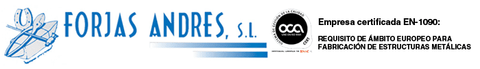 Logotipo de Forjas Andres SL, empresa certificada para la fabricación de estructuras metálicas. Incluye texto y un gráfico de cinta.