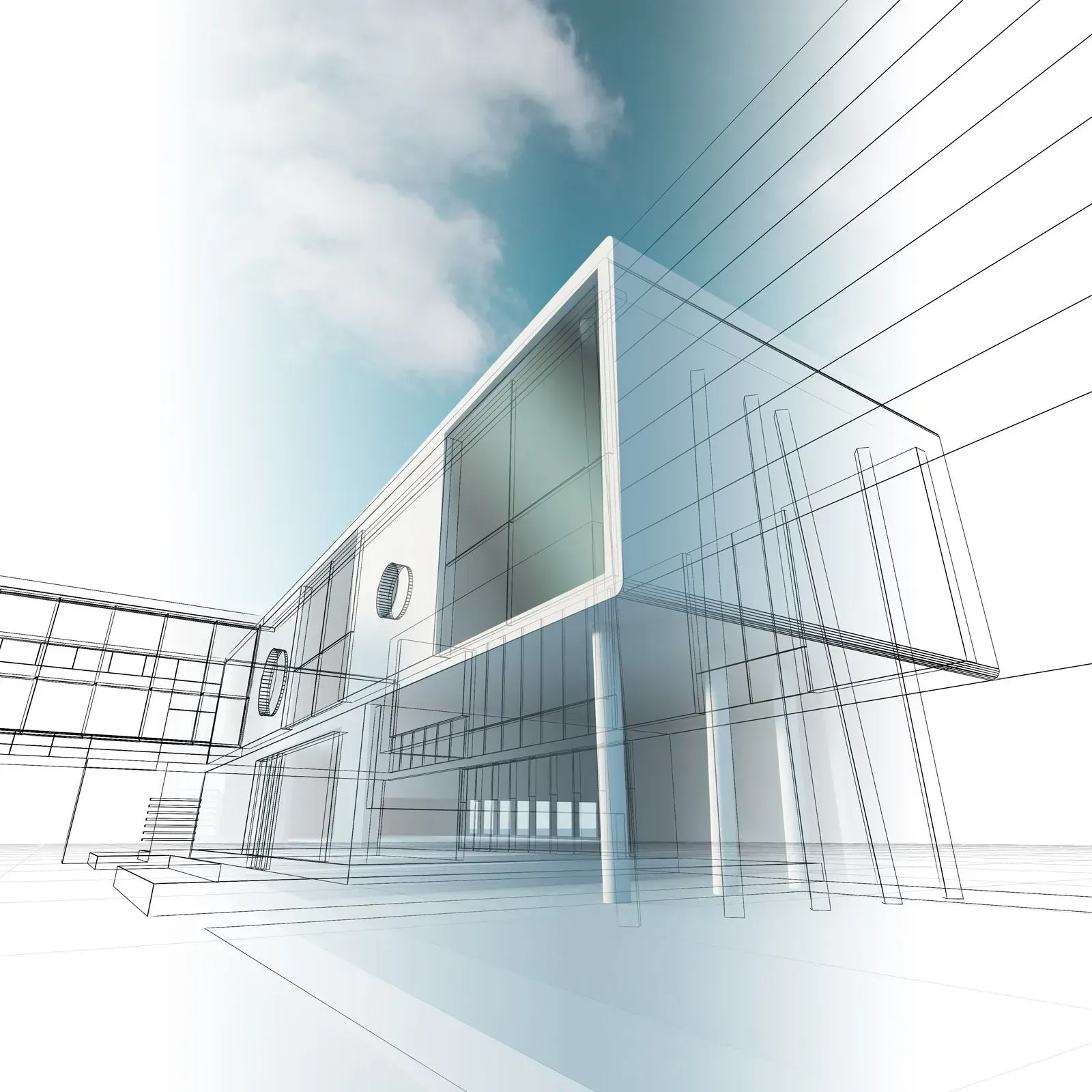 Boceto arquitectónico que muestra un edificio moderno y minimalista con líneas limpias.