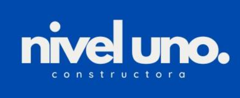 Logotipo azul con el texto blanco "nivel uno." y debajo "constructora" en letras más pequeñas.