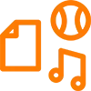 Un icono naranja de una hoja de papel, una pelota de béisbol y notas musicales.