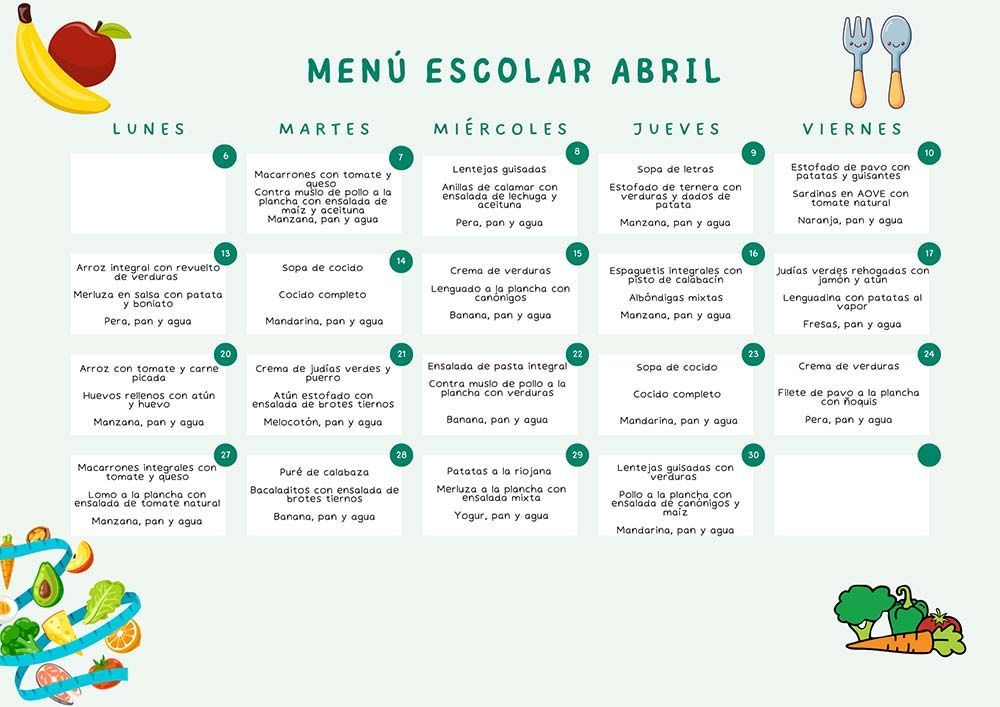 Menú del comedor escolar para el mes de abril, presentado en formato de cuadrícula organizado por día de la semana, con iconos de alimentos.