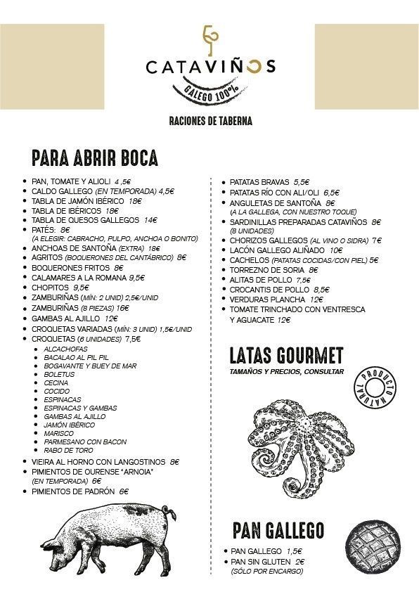 Menú para cataños, que incluye varias tapas, conservas gourmet y opciones de pan, ilustrado con un cerdo y un pulpo.
