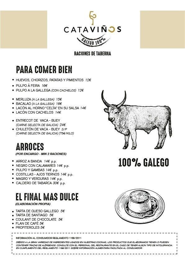 Menú del restaurante Cataviños, que ofrece comida 