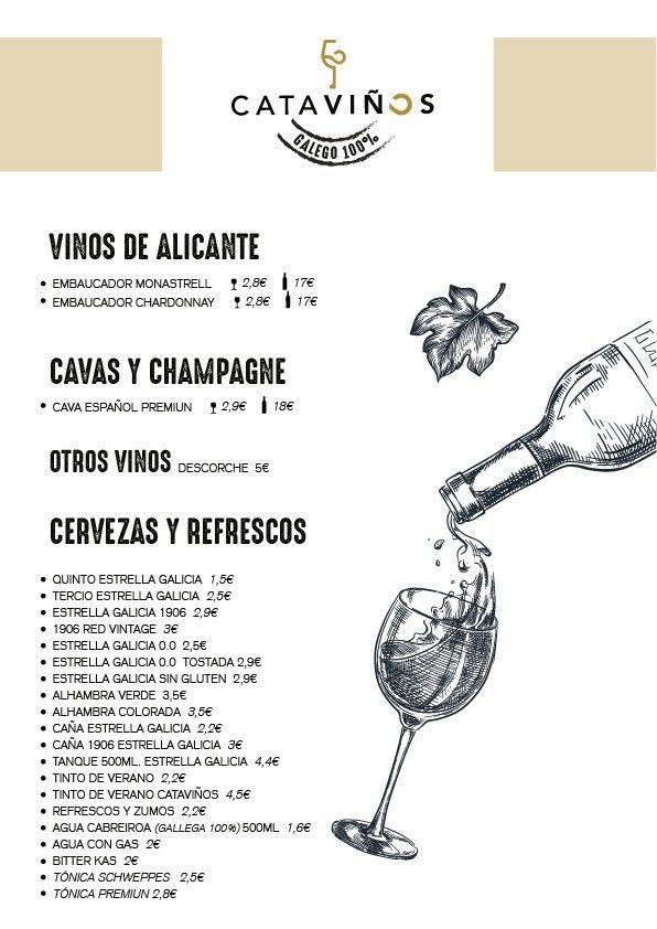 Menú del restaurante Cataviños, con precios de vinos, cava, champán, cervezas y refrescos junto a un boceto de una copa de vino.