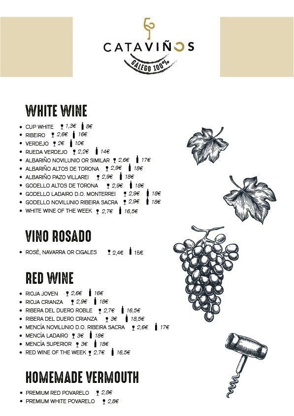 Carta del bar de vinos Cataviños, con precios de vinos blancos, rosados ​​y tintos, además de vermut casero.