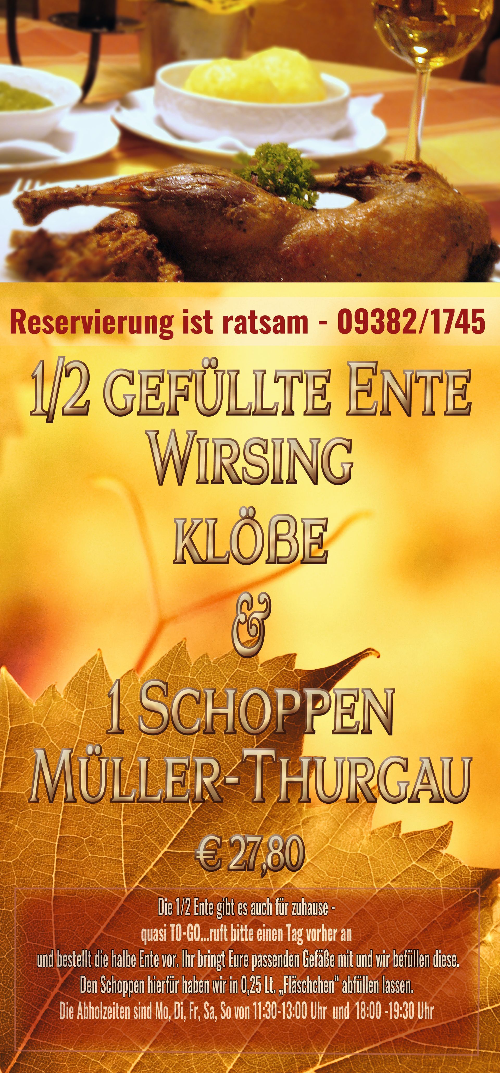 Werbung für ein Gericht: eine halbe gebratene Ente mit Knödeln und Wein. Preis: 21,50 €.