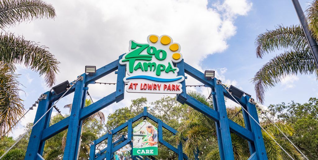 ZooTampa at Lowry Park entrance with blue archway and sign.