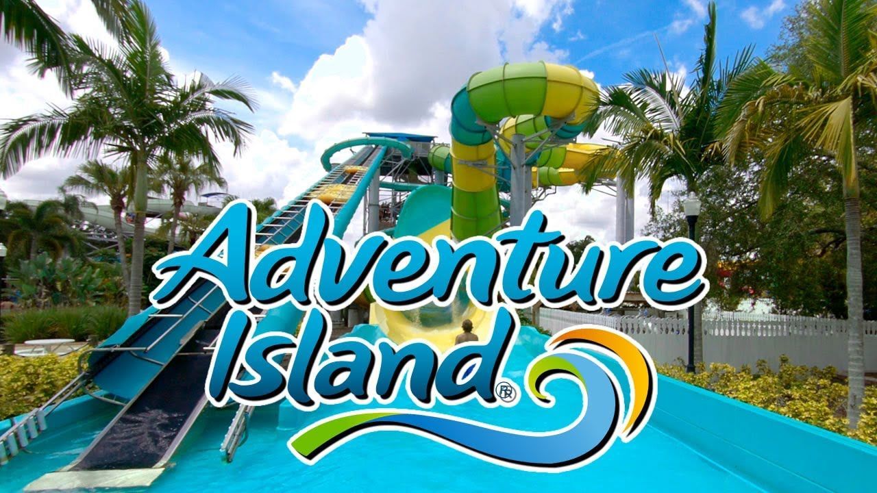 Adventure Island water park logo with slides and palm trees.