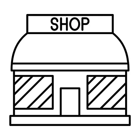Es un dibujo en blanco y negro de una tienda.