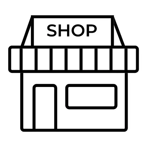 Un icono de tienda en estilo de contorno sobre un fondo blanco.
