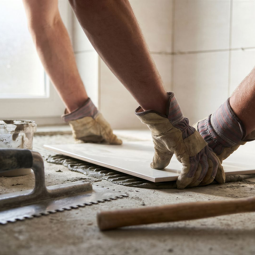 Des mains posent des carreaux sur un sol, avec des truelles et un maillet en caoutchouc à proximité.