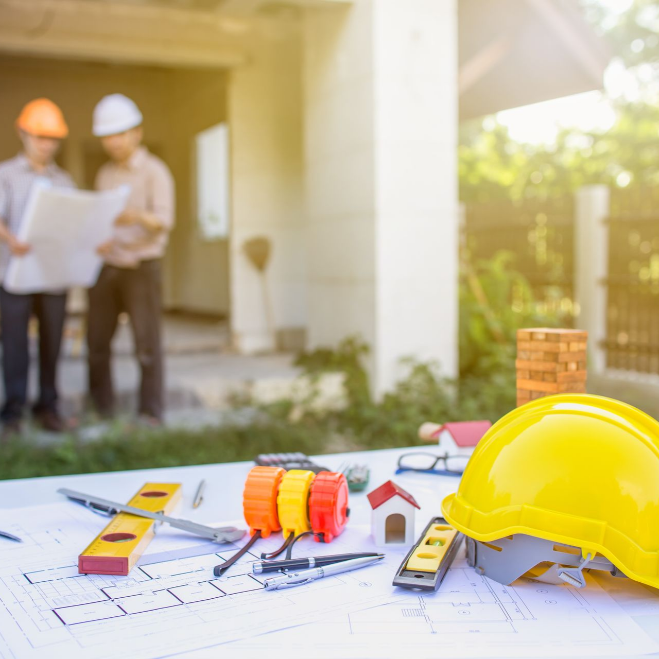 Plans de construction, casques et outils au premier plan, deux ouvriers discutant d’un chantier de maison en arrière-plan.