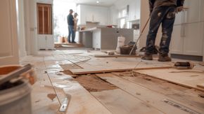 Cuisine en rénovation avec des ouvriers, des outils et un sol défoncé.