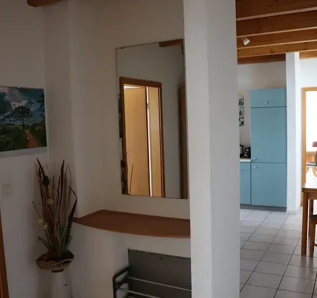 Flur mit Spiegel, Regal, Kunstwerken und Schuhregal; im Hintergrund ist die Küche mit blauen Schränken zu sehen.