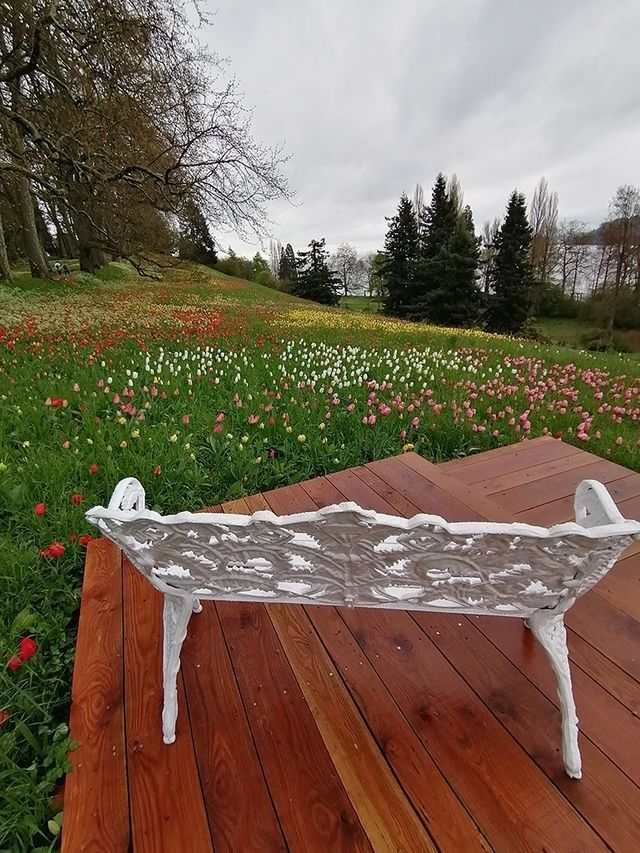 Eine weiße, dekorative Bank auf einer Holzterrasse bietet Blick auf ein Feld mit bunten Blumen unter einem bewölkten Himmel.
