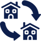 Dos iconos de casas de color azul oscuro conectados por flechas circulares, que representan un intercambio de vivienda o una reubicación.