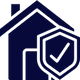 Un icono azul oscuro con la silueta de una casa superpuesta, sobre la cual se encuentra un escudo que contiene una marca de verificación blanca.