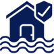 Un icono azul oscuro de una casa sumergida en el agua, con un escudo y una marca de verificación en el tejado, que representa un seguro contra inundaciones.