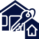 Un icono azul oscuro con la silueta de una casa, una llave integrada en el diseño y un pequeño icono de una casa blanca en la esquina.
