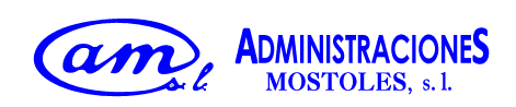 Un logotipo azul con un &oacute;valo que contiene las letras min&uacute;sculas "am sl" junto al texto "ADMINISTRACIONES MOSTOLES, sl"