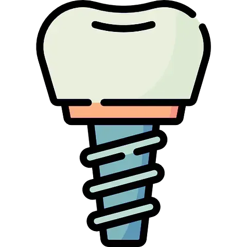 Un icono de implante dental en un estilo de dibujos animados sobre un fondo blanco.