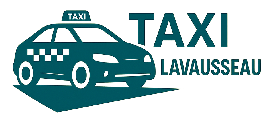 Taxi bleu sarcelle foncé avec texte « TAXI » et texte « LAVAUSSEAU » sur fond blanc.