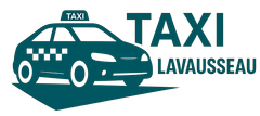 Taxi bleu sarcelle foncé avec texte « TAXI » et texte « LAVAUSSEAU » sur fond blanc.