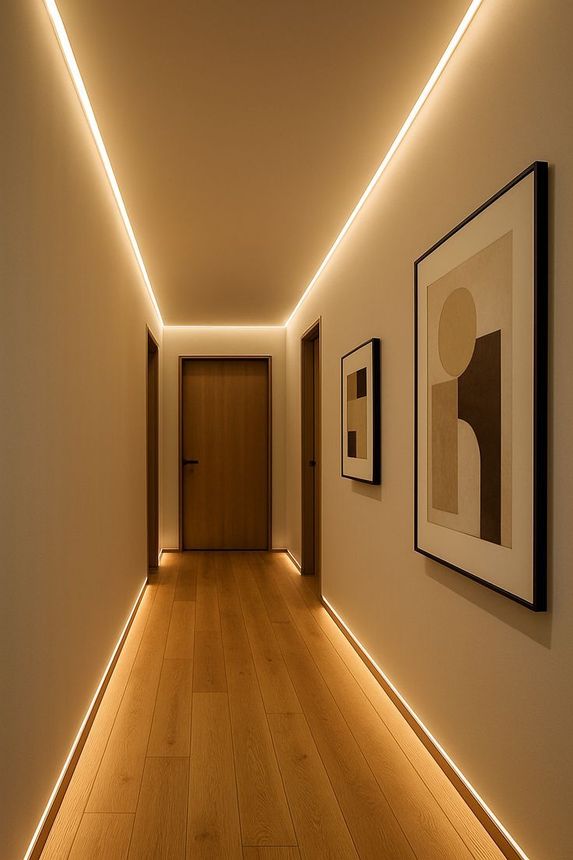 Un pasillo moderno con suelo de madera clara, tiras de LED empotradas de luz cálida a lo largo del techo y el suelo, y dos obras de arte en la pared.