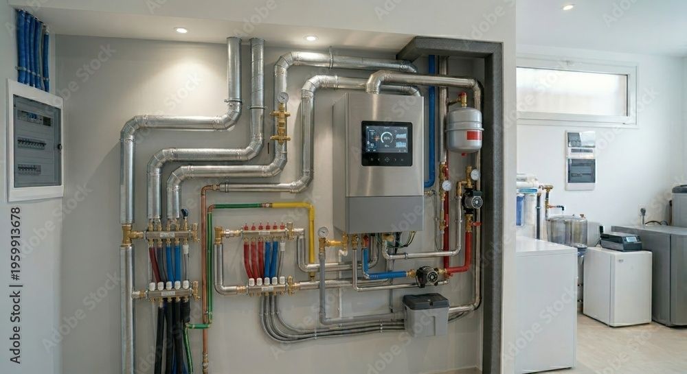 Industrielle Rohrleitungen und ein Bedienfeld an der Wand in einem Technikraum, mit Metallkanälen und Messgeräten.