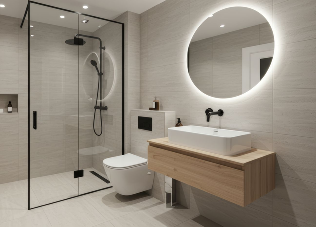 Helles, weisses Badezimmer mit Toilette, Waschbecken, Schubladen, Pflanzen und silbernem Mülleimer
