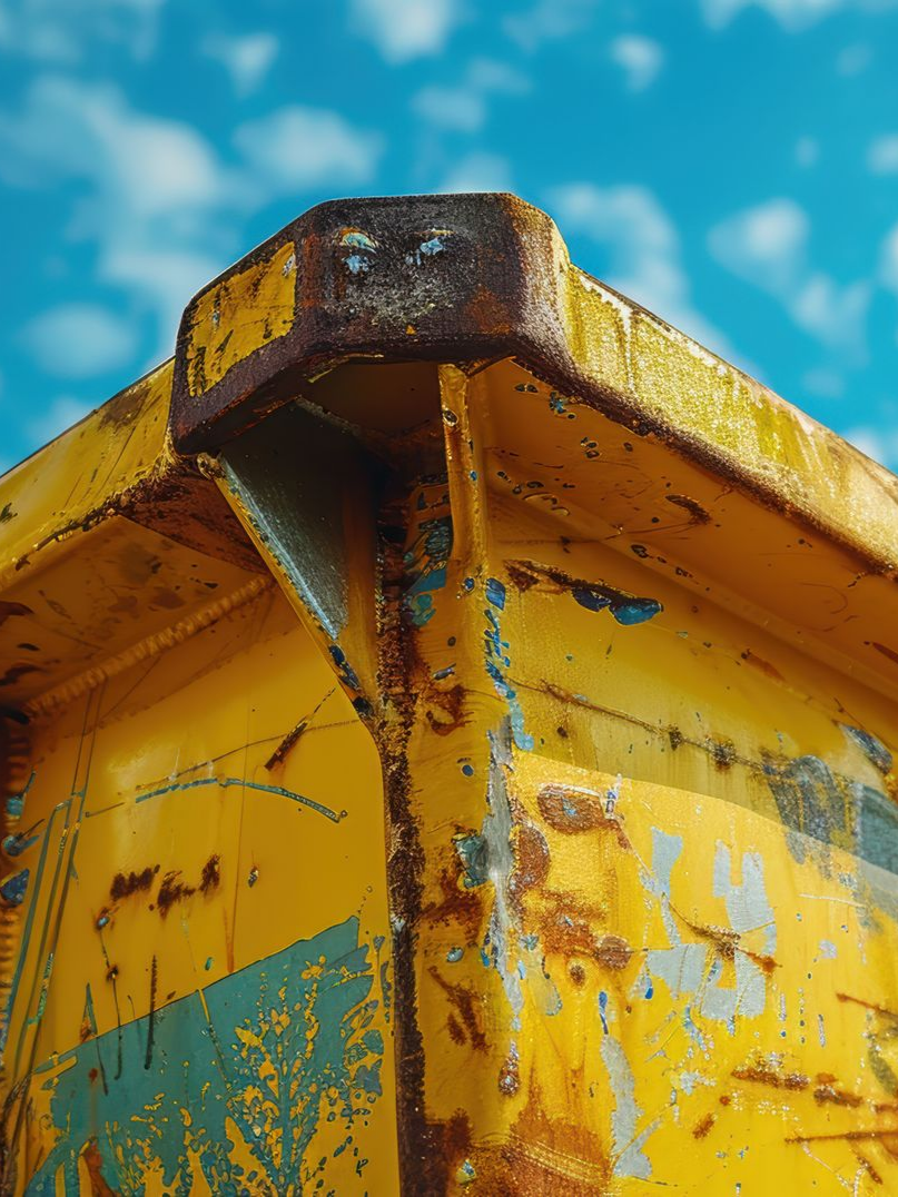 Coin de benne à ordures jaune et rouillé contre un ciel bleu nuageux.