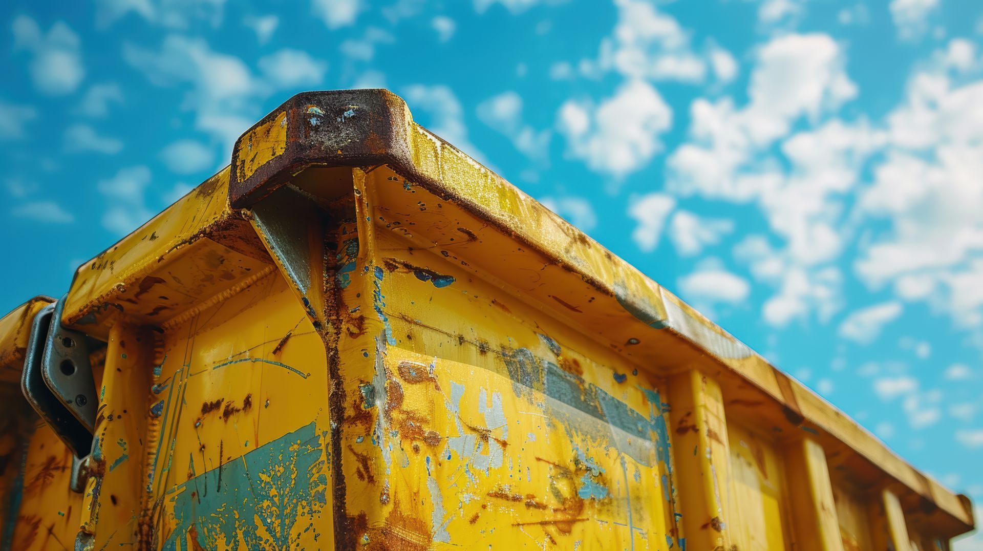 Benne à ordures jaune rouillée contre un ciel bleu vif avec des nuages ​​blancs.