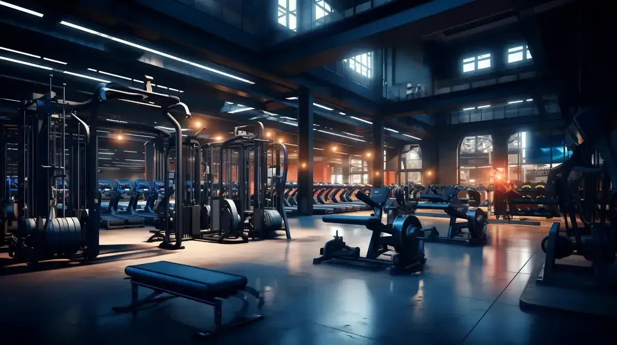 Interior de gimnasio con máquinas de pesas, bancos y ventanas arqueadas. Diseño industrial con poca luz.