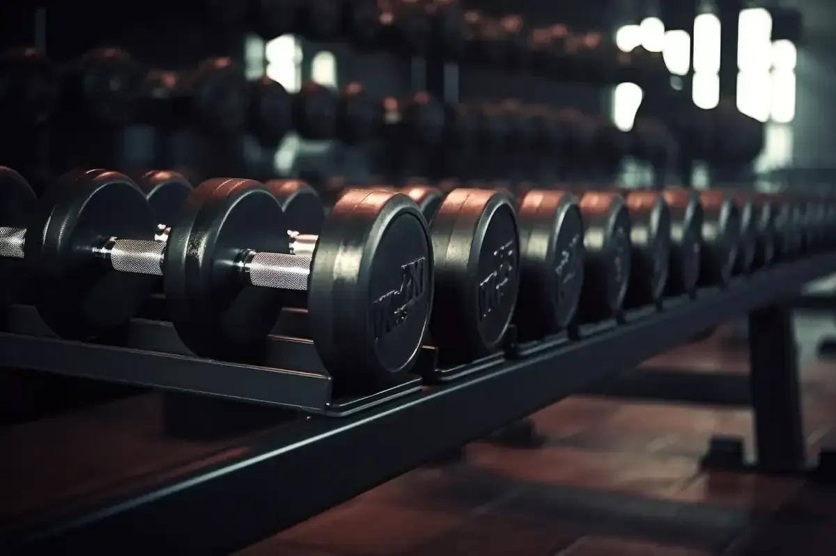 Filas de mancuernas negras en un estante en un gimnasio poco iluminado.