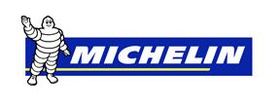 Un logotipo azul y blanco de Michelin con un personaje de dibujos animados en él.