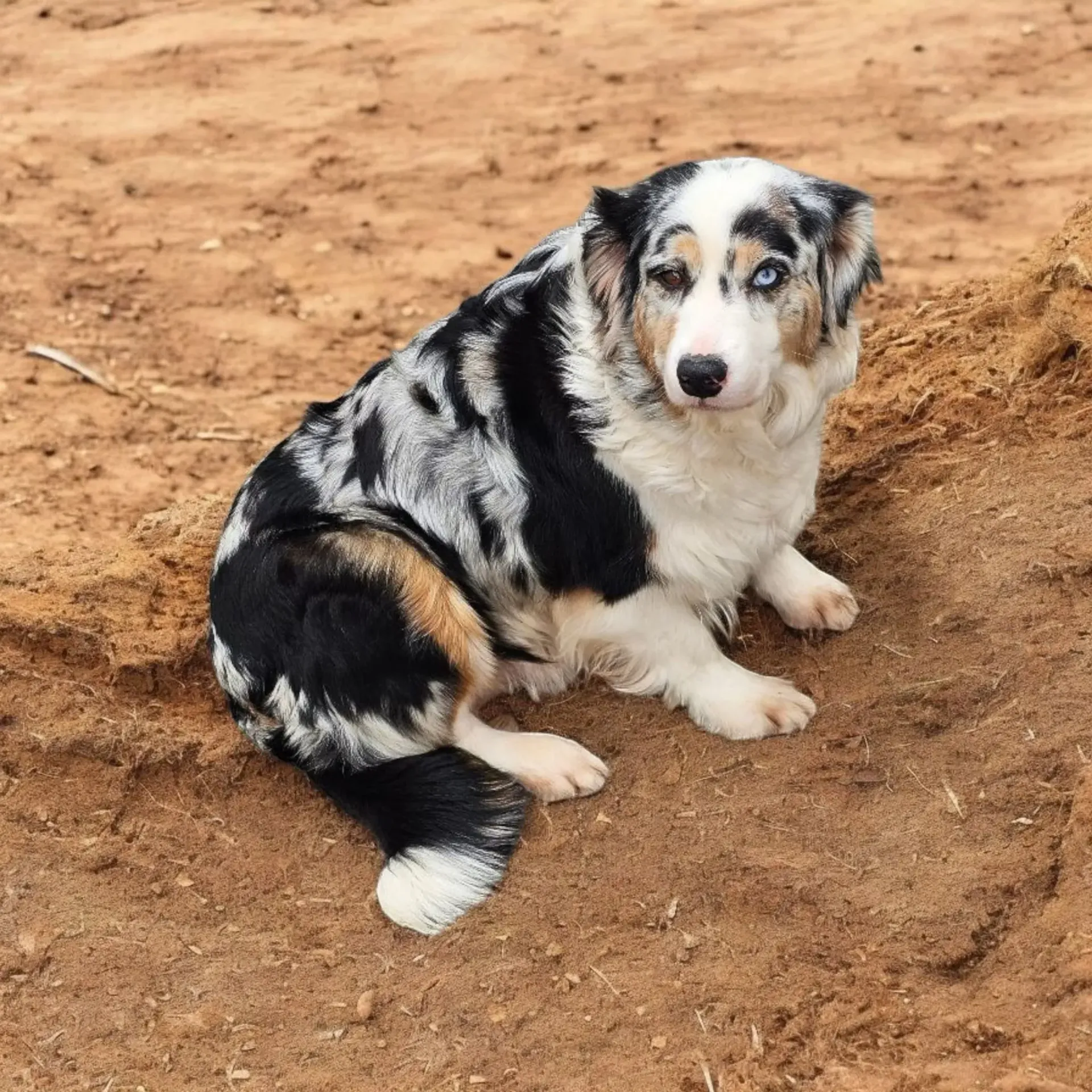 Ein schwarz-weißer Hund liegt im Dreck