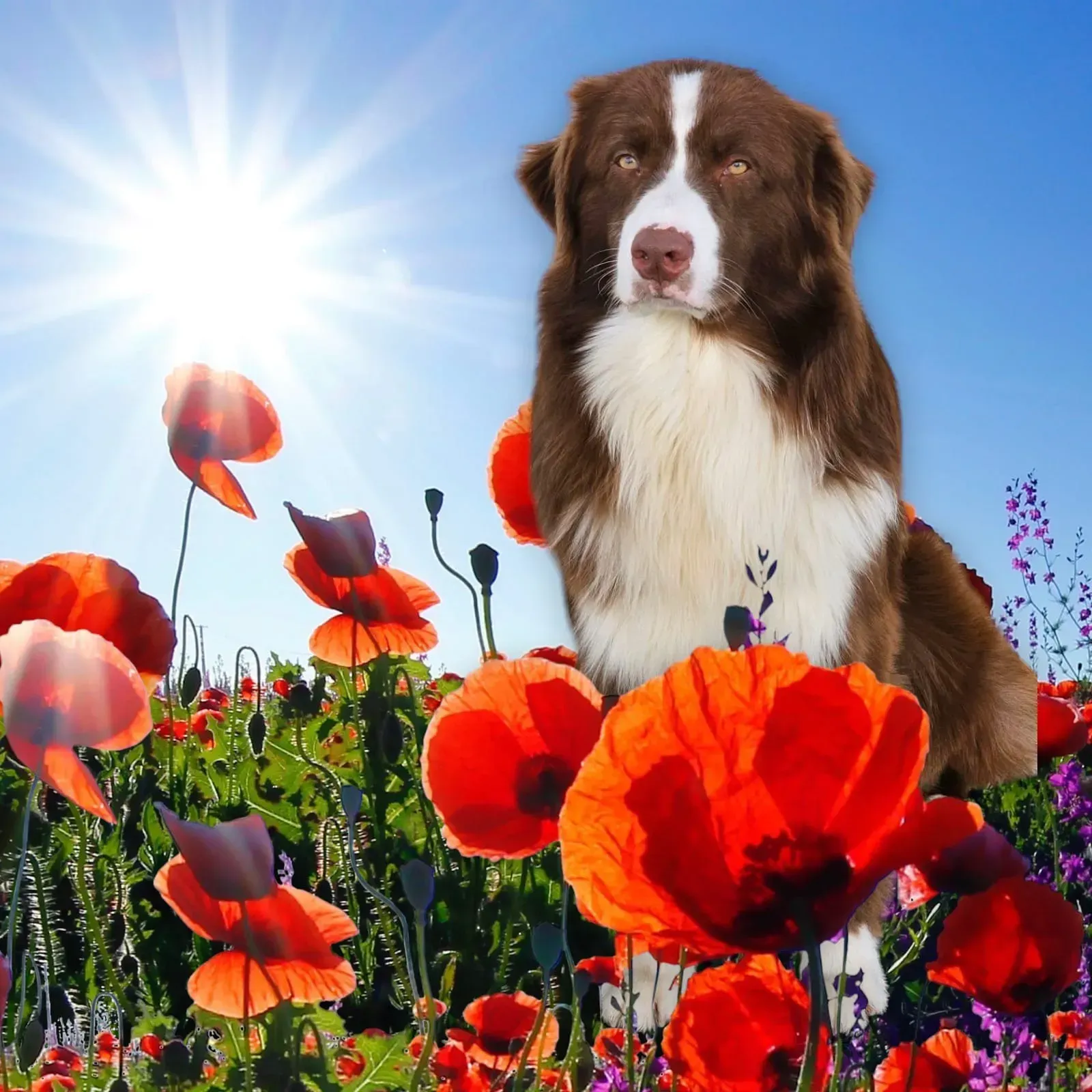 Ein braun-weißer Hund sitzt auf einem Feld mit roten Blumen