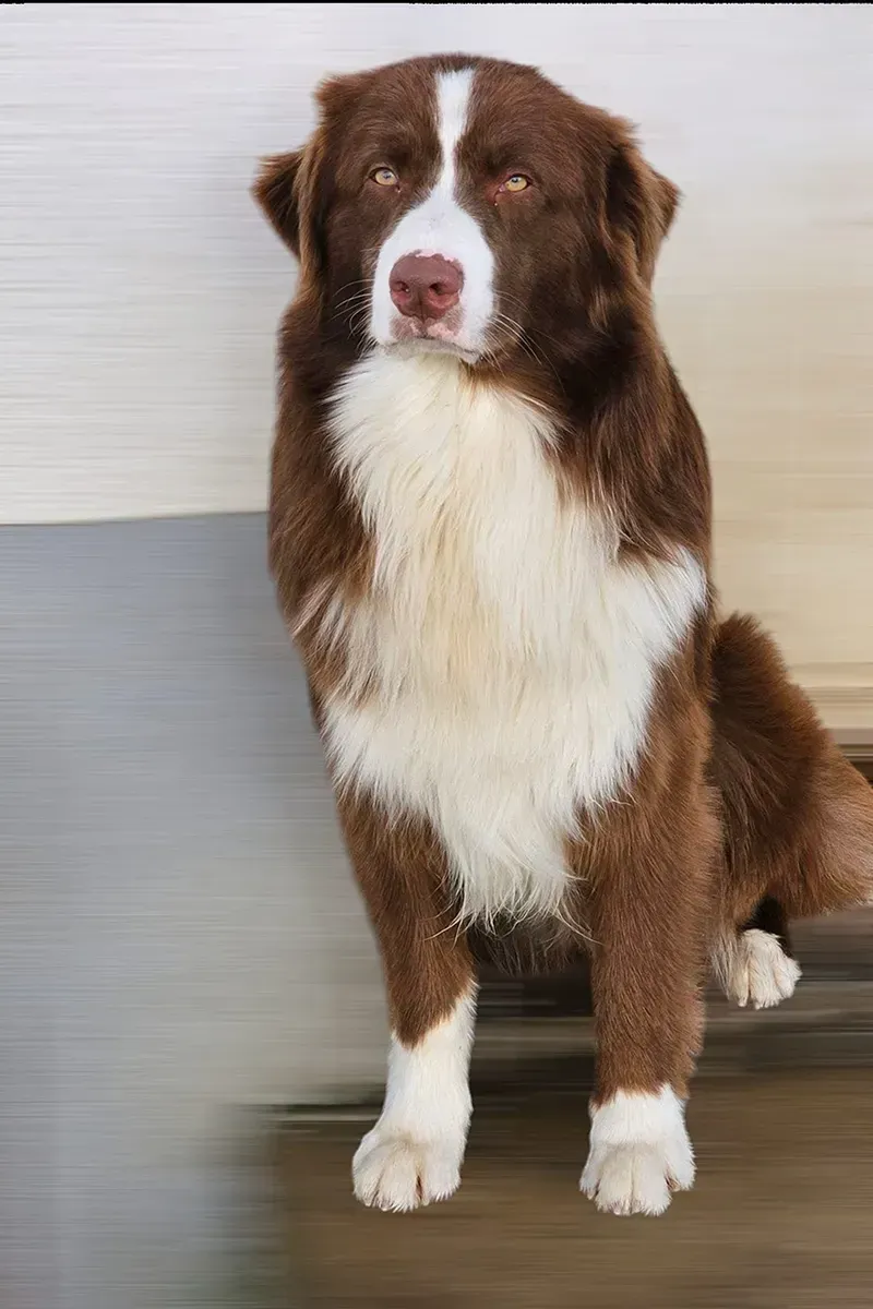 Ein braun-weißer Hund steht neben einer Mauer.
