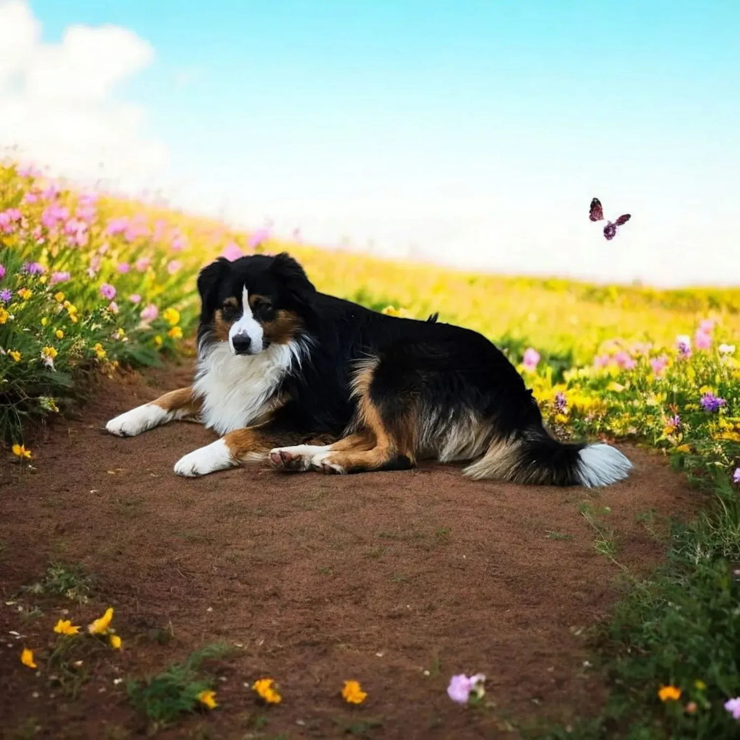 Ein Hund liegt auf einem Feldweg in einem Blumenfeld.