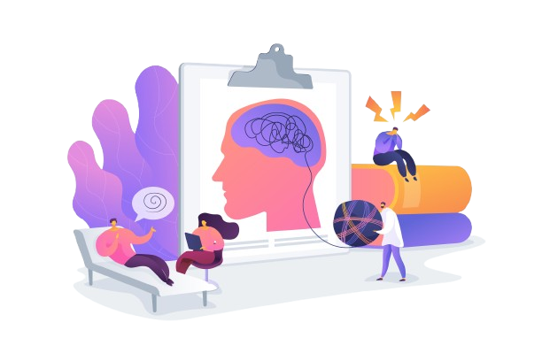 Ilustración de personas en terapia, con un diagrama del cerebro y un terapeuta.