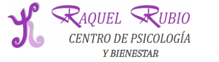 Logo: "Raquel Rubio, Centro de Psicología y Bienestar." Purple and light purple color scheme.