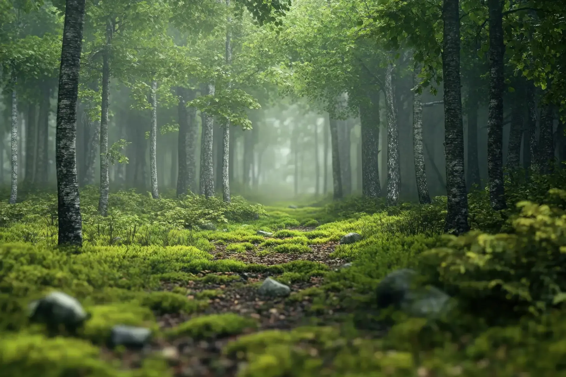 Sendero forestal verde y exuberante, la luz del sol filtrándose a través de los árboles