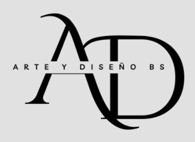 Logotipo: Letras superpuestas "AD", texto "Arte y Dise&ntilde;o BS". Negro sobre gris.