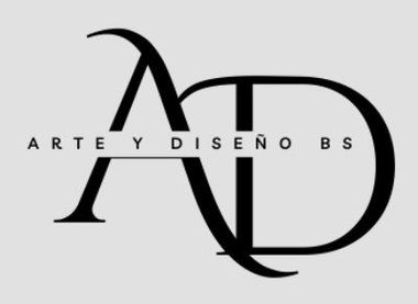 Logotipo: Letras superpuestas "AD", texto "Arte y Dise&ntilde;o BS". Negro sobre gris.