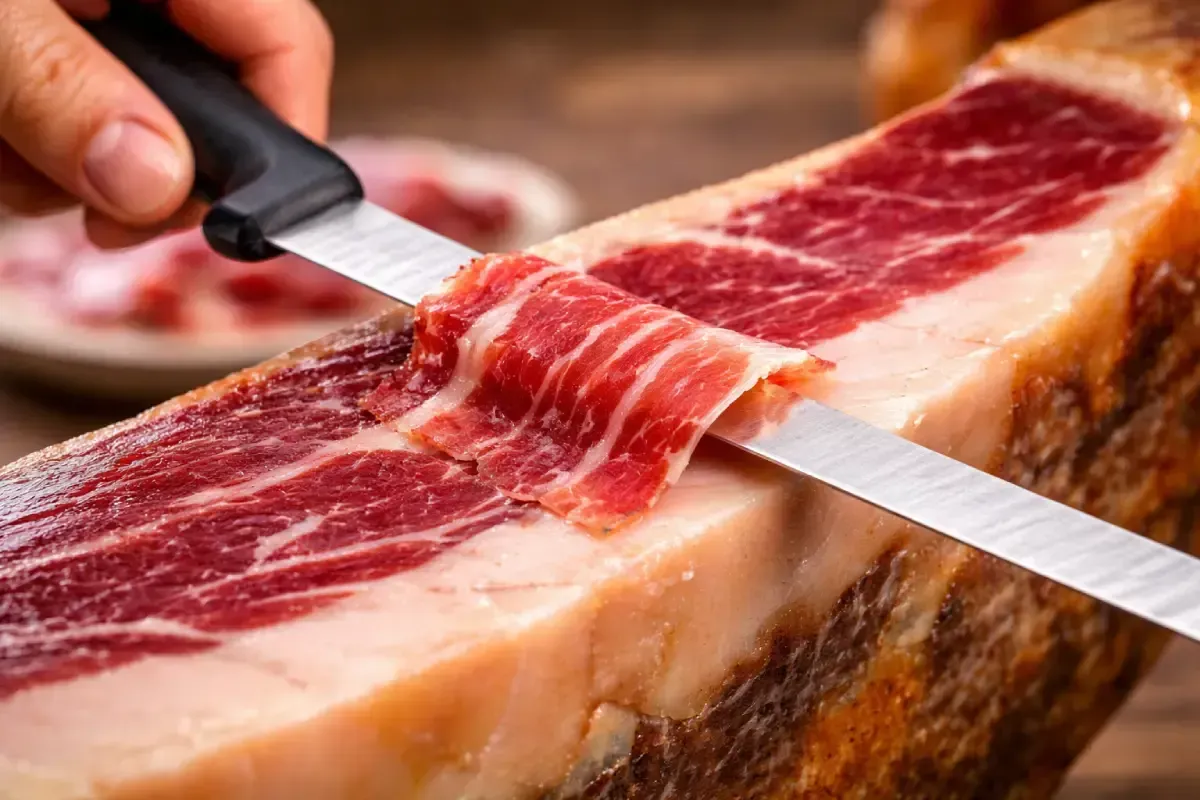 Una persona corta una loncha fina y veteada de jamón curado de una pata grande de jamón con un cuchillo largo y afilado.