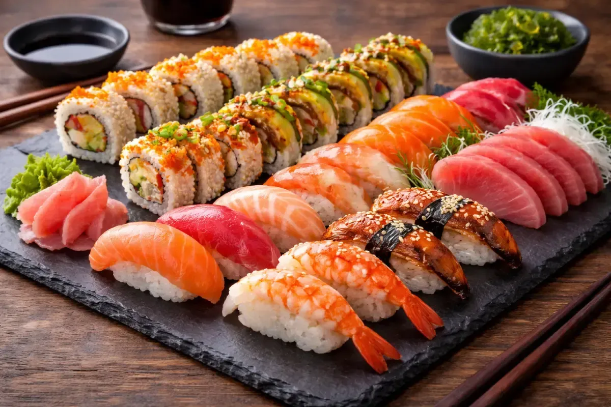 Una variedad de rollos de sushi, nigiri y sashimi servidos en una bandeja de piedra negra con salsa de soja