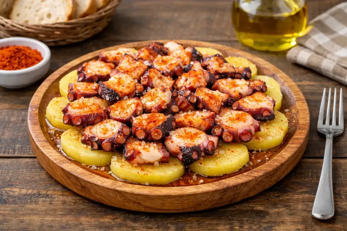 Pulpo a la gallega servido en una fuente redonda de madera con patatas en rodajas, espolvoreado con pimentón