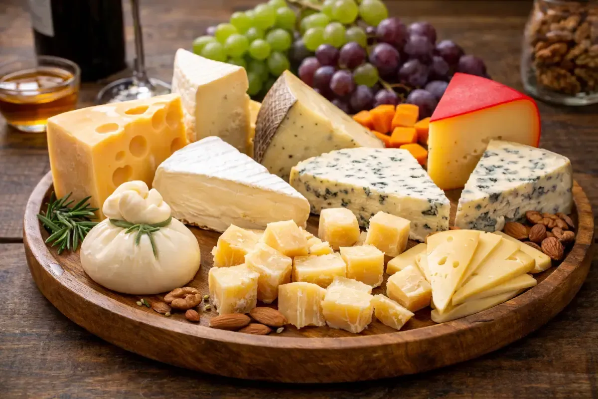 Una tabla de madera llena de quesos variados, uvas, frutos secos y un pequeño cuenco de miel sobre una mesa de madera oscura.